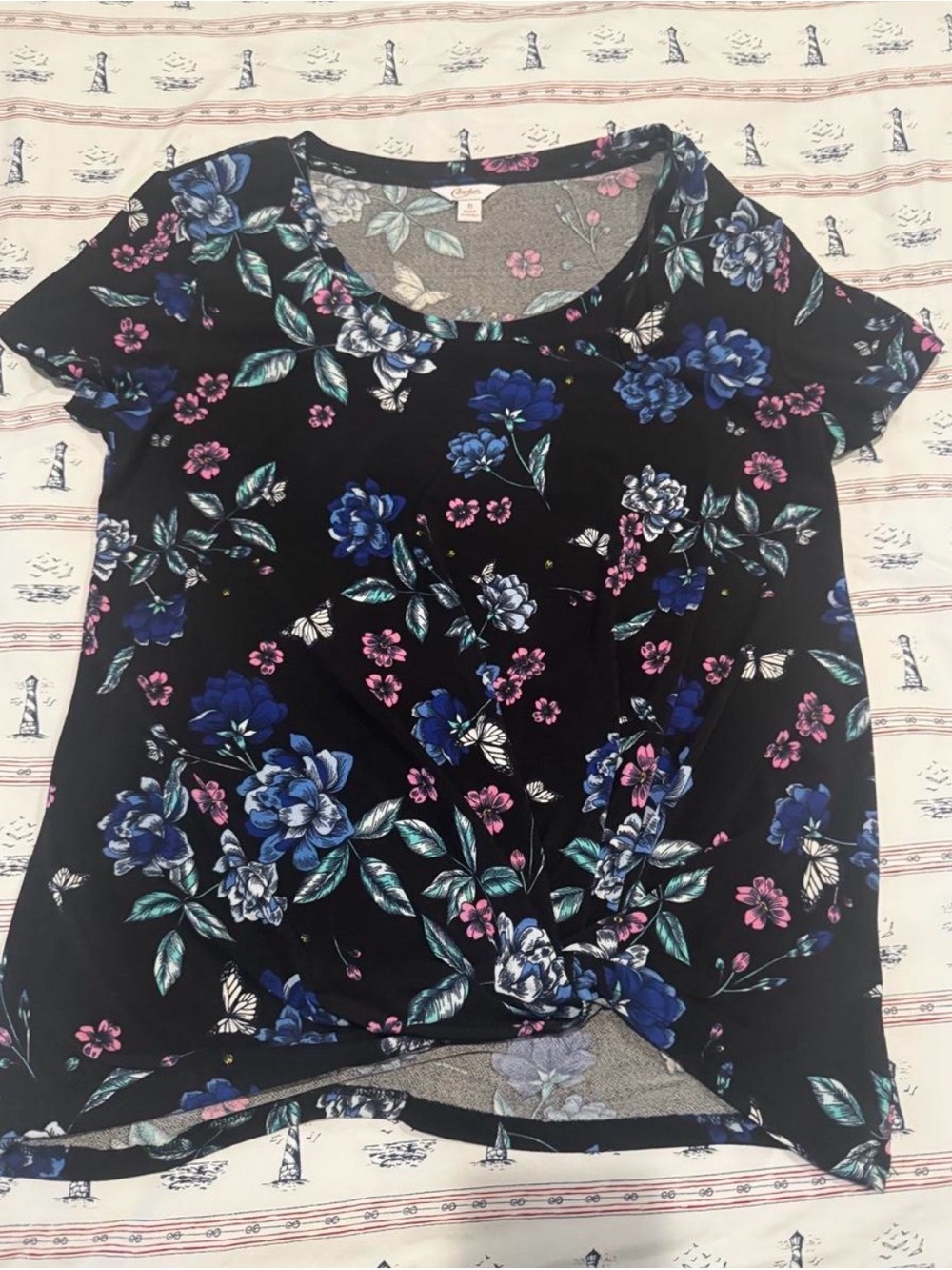 Candie's Black Short-Sleeve Tee with Blue & Pink Floral Print